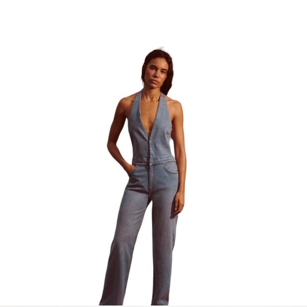 Zara Blue Denim Overalls with High-Waisted Design